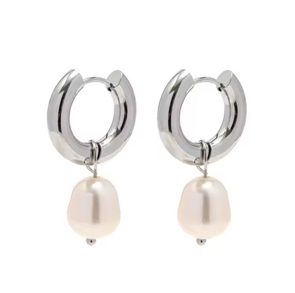 Silver Pearl Hoops